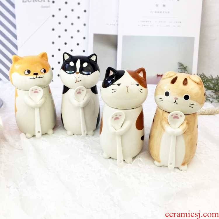 The Cat 's paw creative ceramic keller cup cup cats animals birthday gift with lid spoons 400 ml bag mail