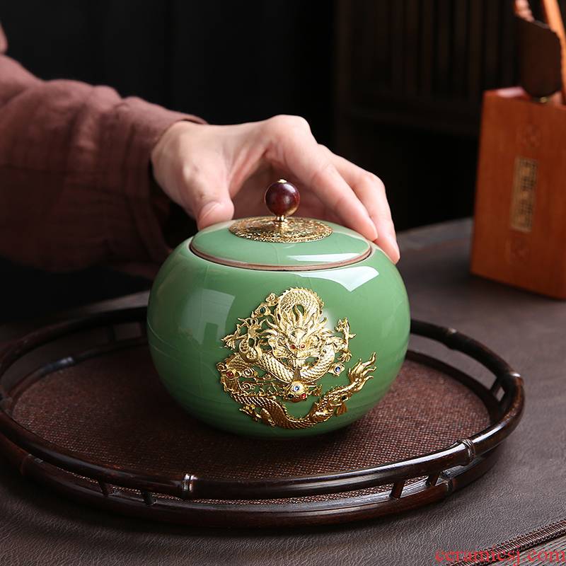 Longquan glaze open piece of silver ceramic kung fu tea caddy fixings parts storage sealed as cans of tea gift packaging