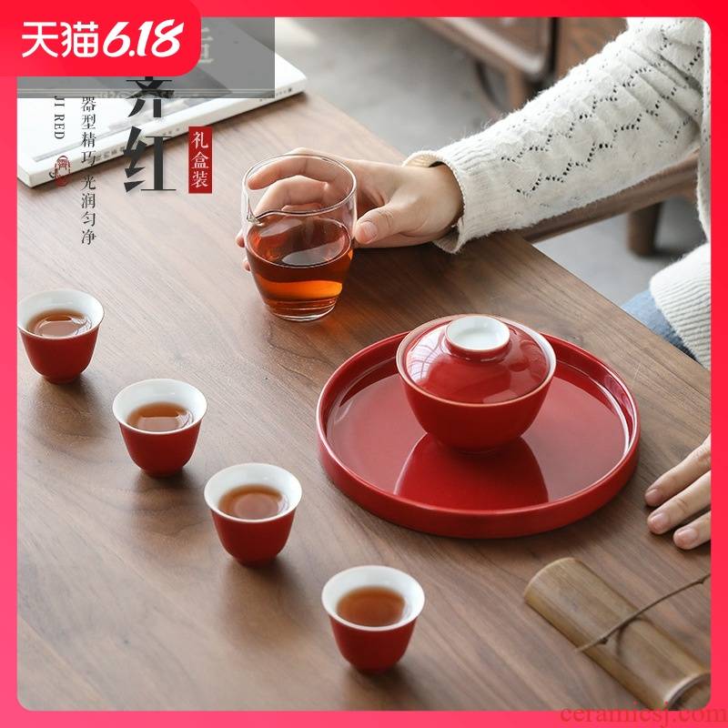 Guest comfortable complete three hold to tureen kung fu tea set ji red Chinese wedding taking marriage opening celebrations