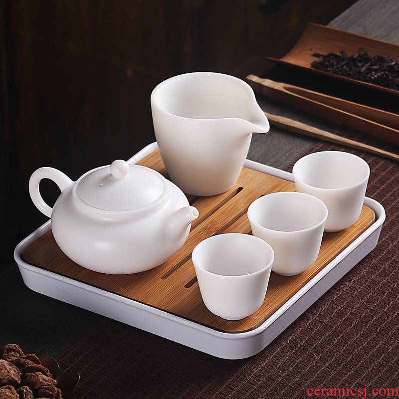 True cheng dehua suet white jade travel tea set suit portable Japanese kung fu tea set contracted tea tray tea cups