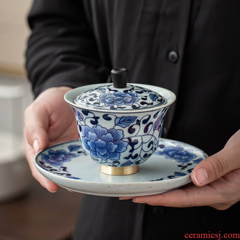Jingdezhen blue and white porcelain tureen single is not a hot Japanese antique kunfu tea tureen high three tureen tea cups