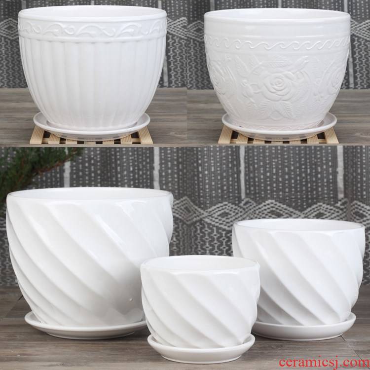 New pure white ceramic flower pot extra - large small creative interior contracted money plant flower pot chlorophytum move with tray