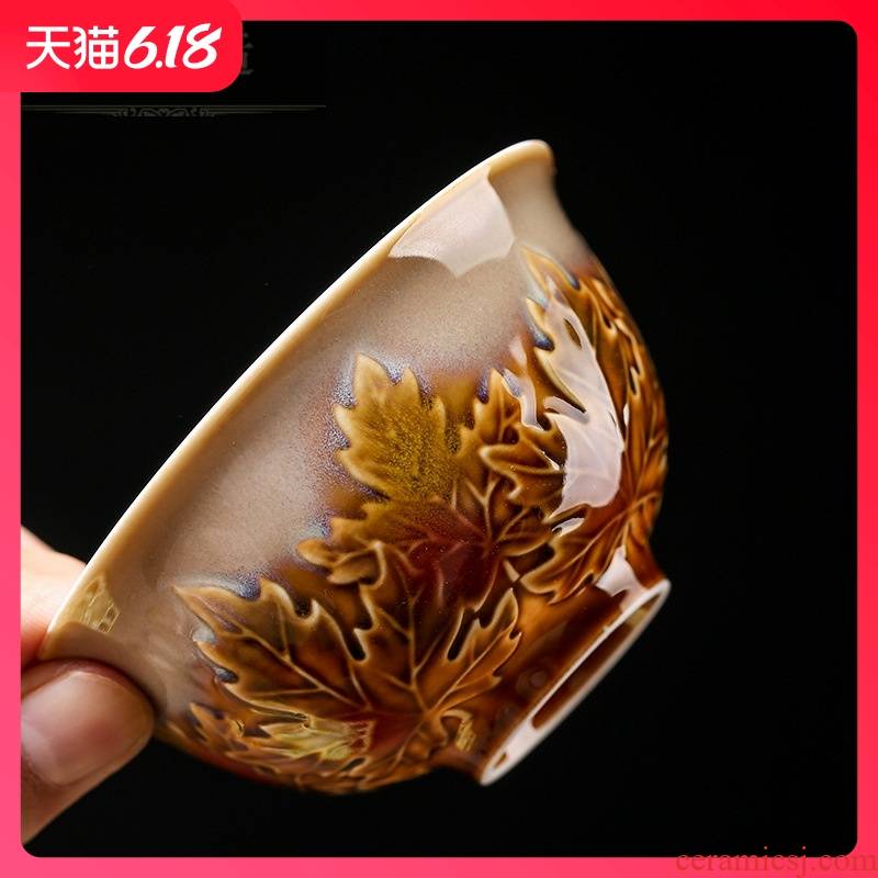 Hold to guest comfortable red yellow glaze anaglyph maple leaf dehua ceramic tea set new opening gifts customized business gifts