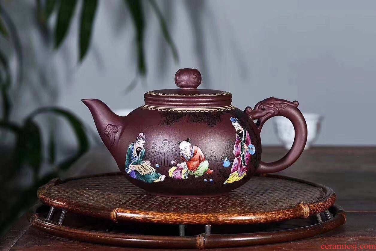 Four - walled yard authentic fine it yixing masters all pure hand yunlong pot pot of high - quality goods colored enamel teapot collection