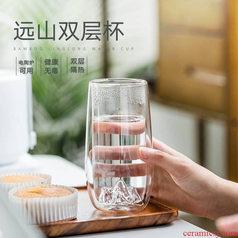 Japanese mountains green tea cup double deck glass insulation individual cup of high - temperature water cup high - capacity straight tea cup