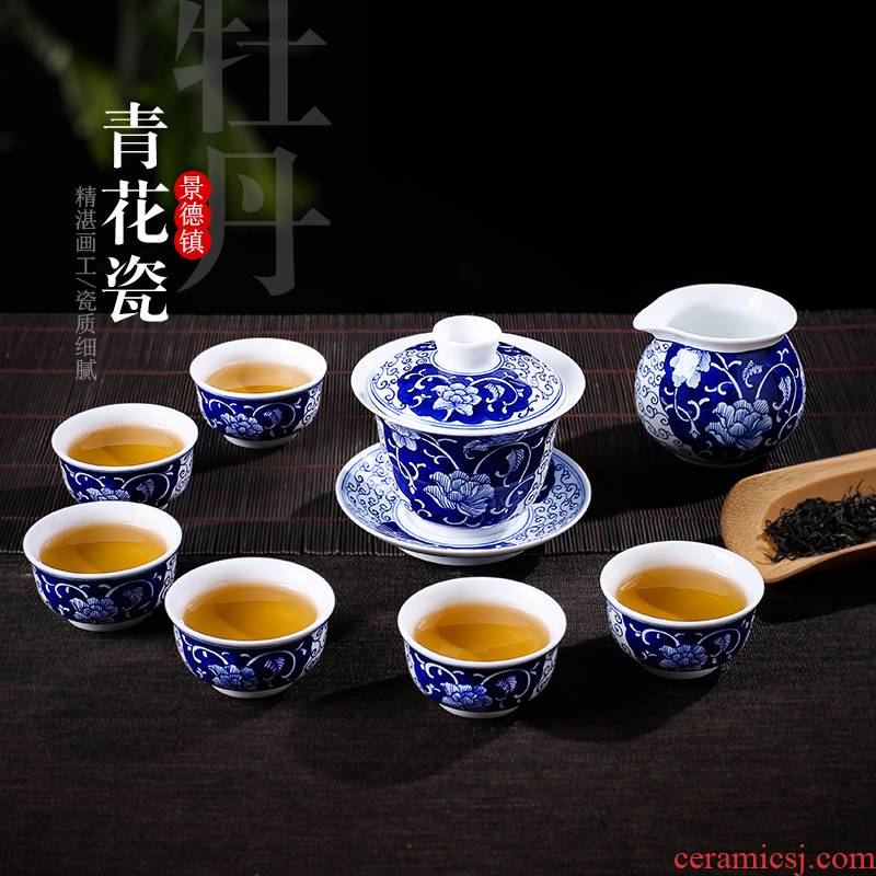 Jingdezhen up the fire which Chinese high - grade ceramic kung fu tea set suit pure hand - made tureen of blue and white porcelain tea cups