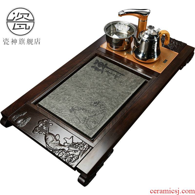 Porcelain god fully automatic induction cooker, black stone, kung fu tea tea ebony sharply stone tea tray was solid wood tea table