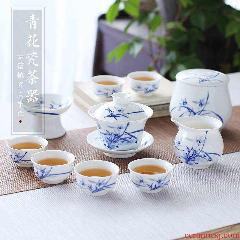 Jingdezhen up the fire which hand - made kung fu tea set of blue and white porcelain household ceramics tureen cups gift boxes