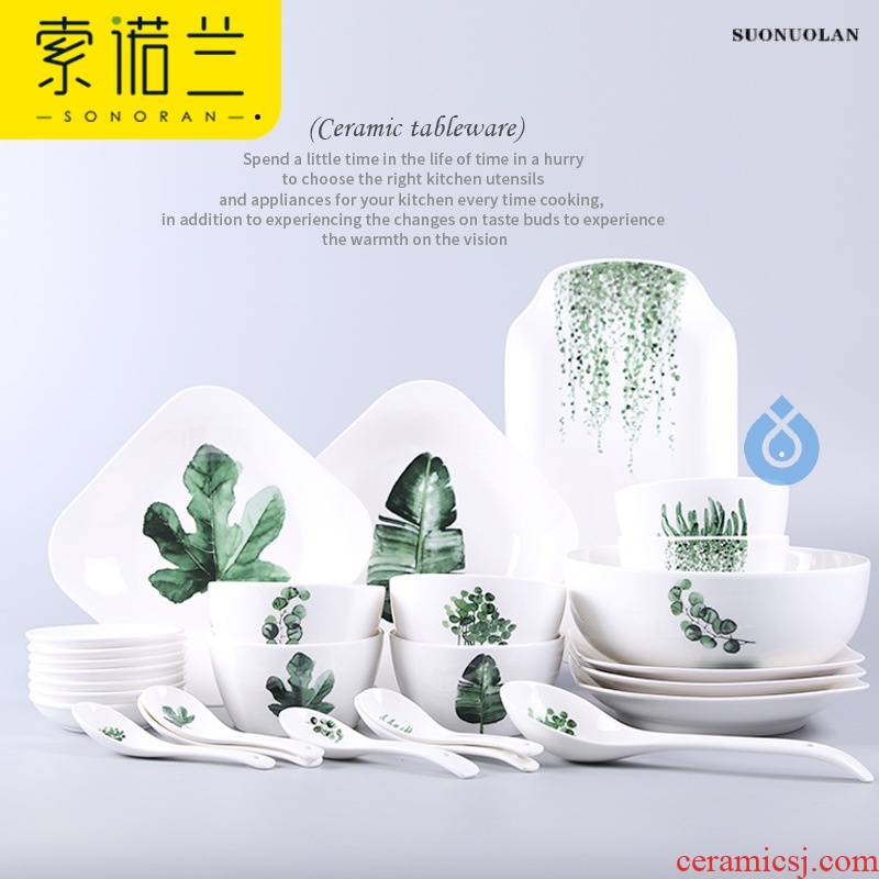 Ins Nordic green plant ceramic tableware bowls plates sets bowl of creative dishes ceramic wholesale household square plate