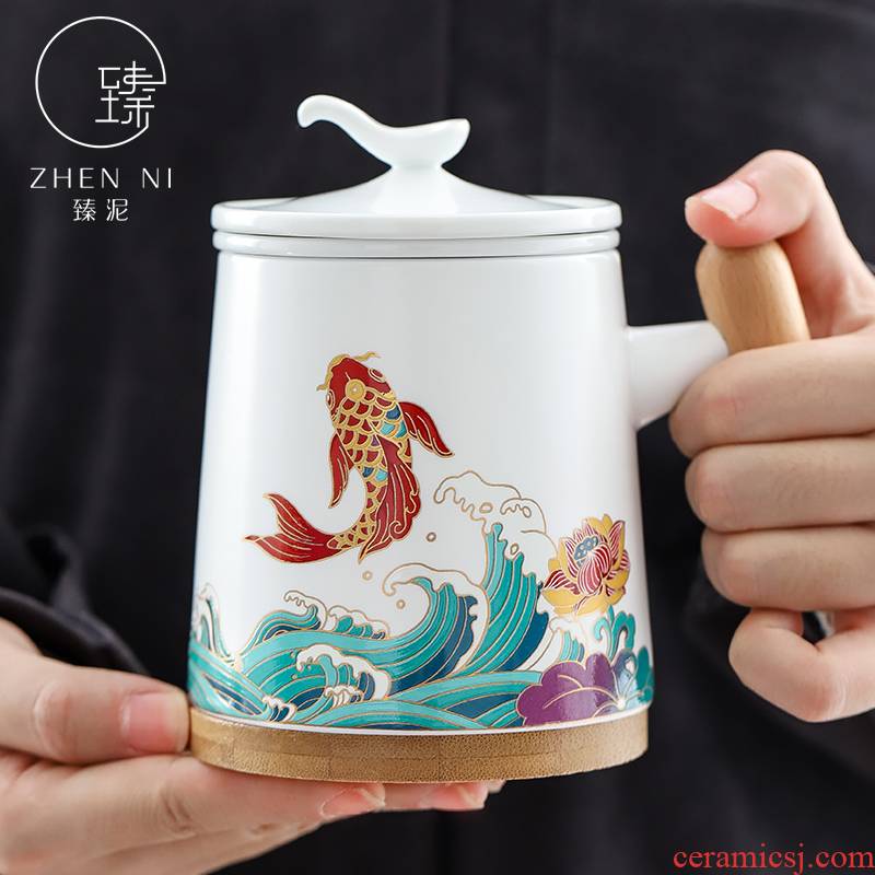 By mud China wind mark cup tea ultimately responds a cup of ceramic boss cup with lid tank filter with wooden handle, the handle