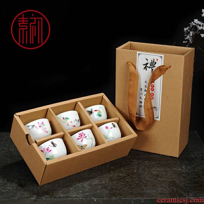 Element at the beginning of the high white porcelain cups kung fu tea tea set ultimately responds pu - erh tea gift box single red cup six activities