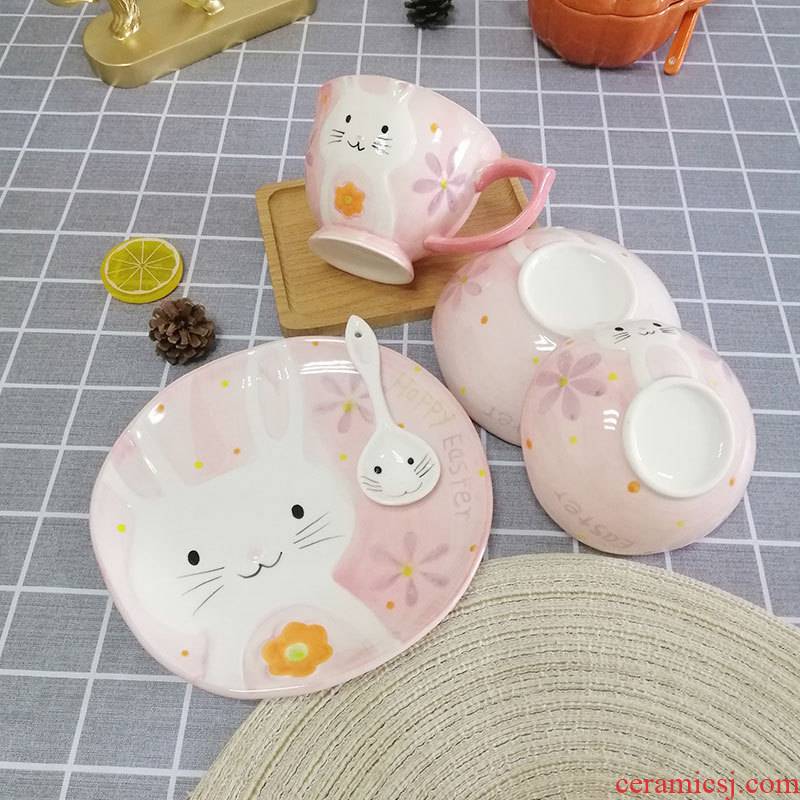 Lovely hand - drawn cartoon animals rice dessert bowl of ceramic tableware children suit rabbit dishes breakfast cup
