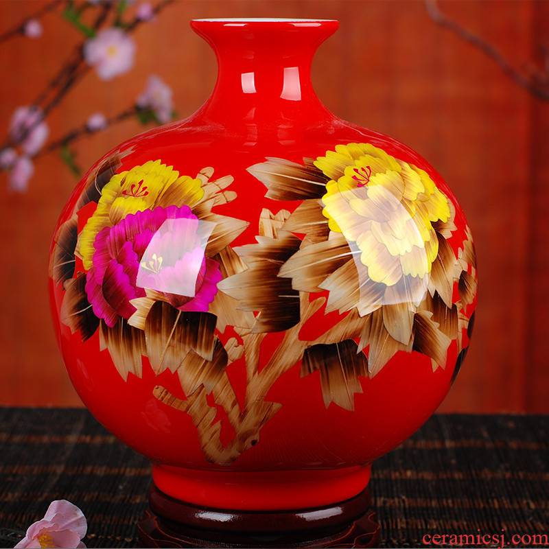 Jingdezhen ceramic vase landing China red peony straw vase, home act the role ofing crafts living room set