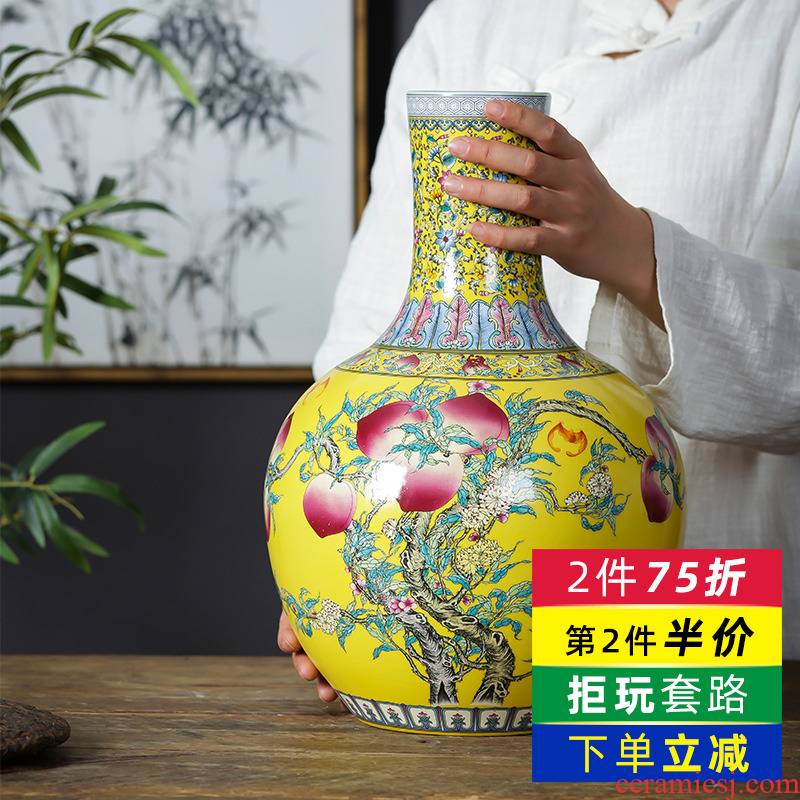 Jingdezhen porcelain ceramic vase furnishing articles yellow new Chinese style household living room TV cabinet flower adornment ornament