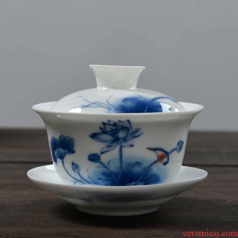 Blue and white porcelain tureen large tea cups for ceramic kung fu tea set three to a cup of tea to use hand grasp the teapot