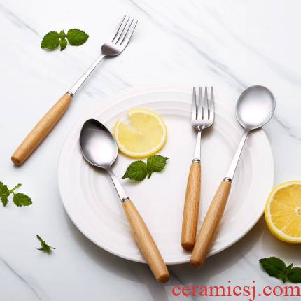 Informs the stainless steel cutlery knife and fork spoon, three - piece fruit fork fork wooden spoon, wooden handle western tableware