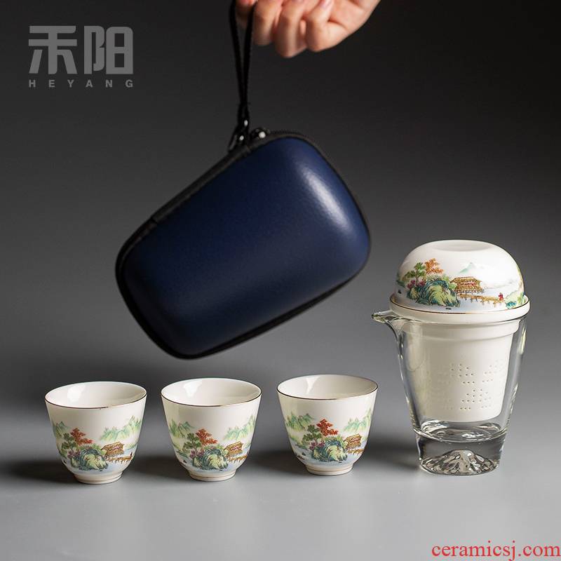 Send Yang glass crack a pot of three portable travel kung fu tea set ceramic tea, tea cup