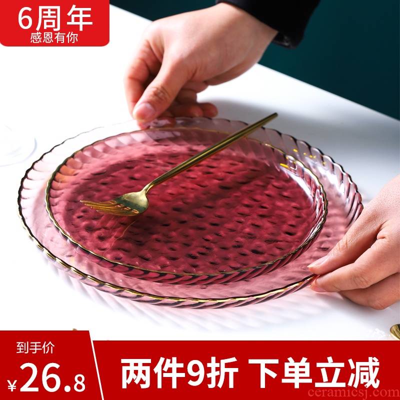 The see colour plate of light purple glass creative steak plate web celebrity modern key-2 luxury ins western - style food tableware plate of household food tray
