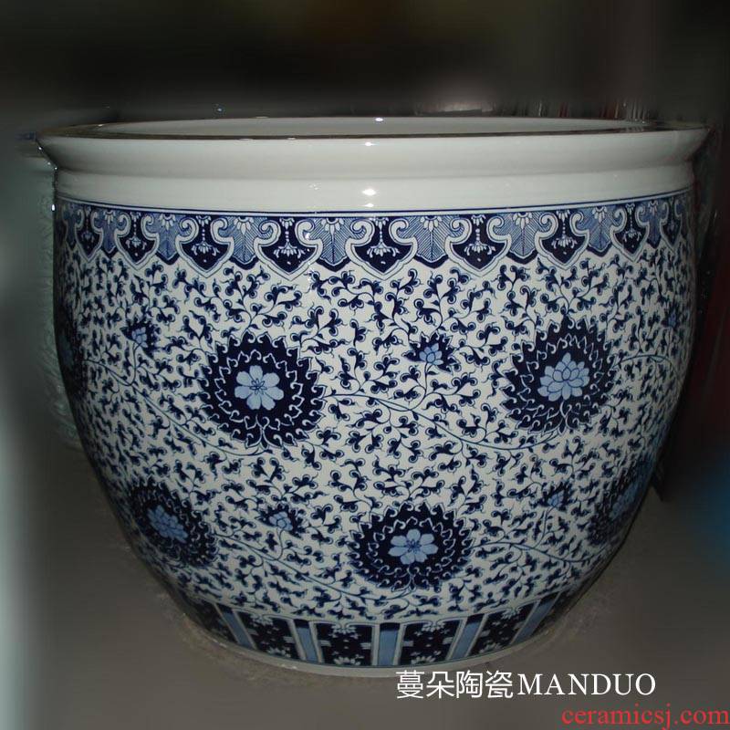 Jingdezhen blue and white tie up extra large ceramic cylinder oversized lotus lotus lotus flower tattoo fish VAT
