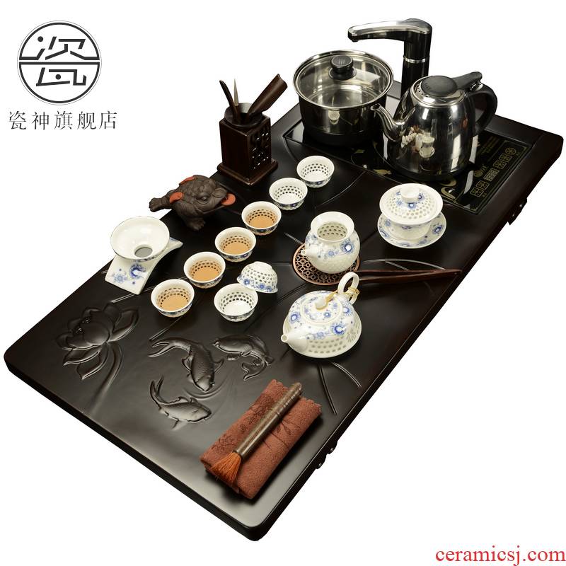 Porcelain ebony wood tea set tea tray tea sea god household and exquisite tea set four unity taking of a complete set of induction cooker