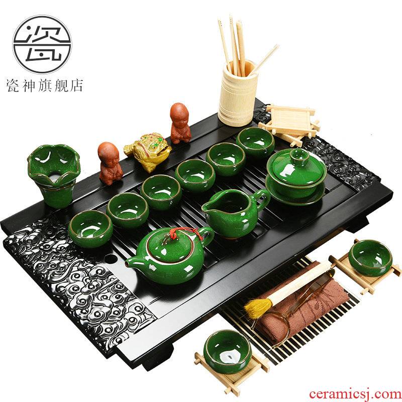 Porcelain god solid wood tea tray of a complete set of kung fu tea set drainage water the draw - out type tea table with beverage holder tray was home
