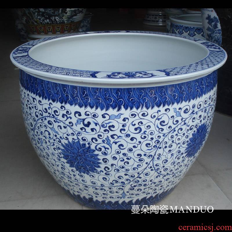 Jingdezhen hand wrapped around large diameter cylinder 80 lotus flower blue and white porcelain, porcelain VAT blue classic fish tank