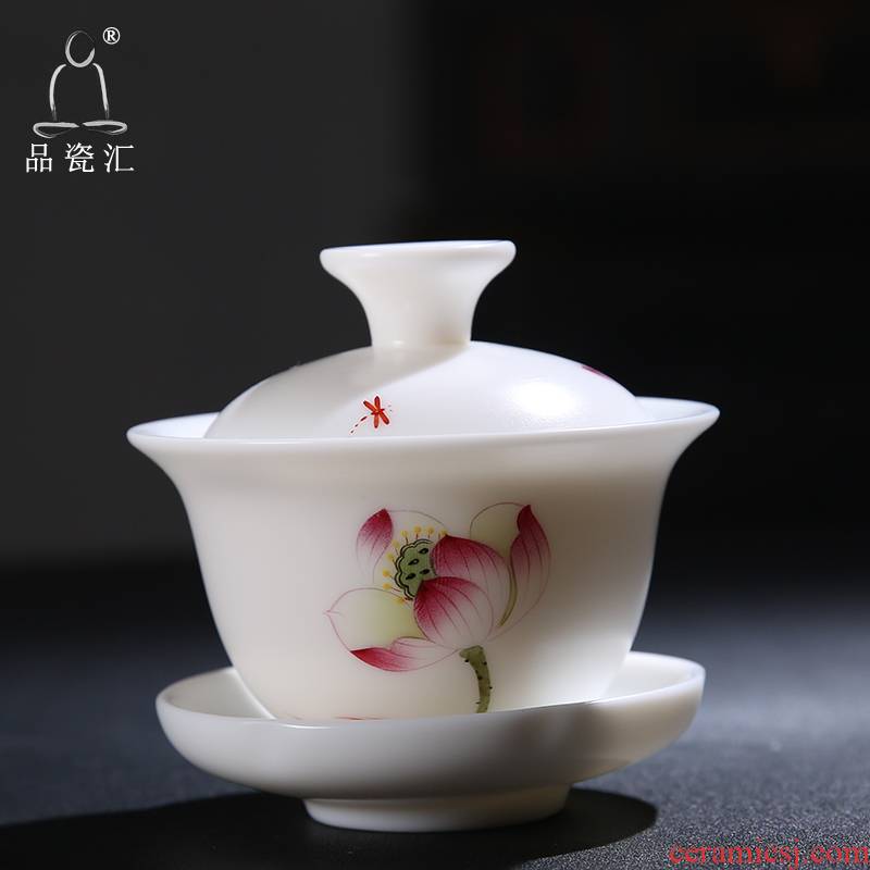 The Product dehua porcelain remit jade built white porcelain lotus rhyme tureen ceramic three mercifully tea tureen tea set
