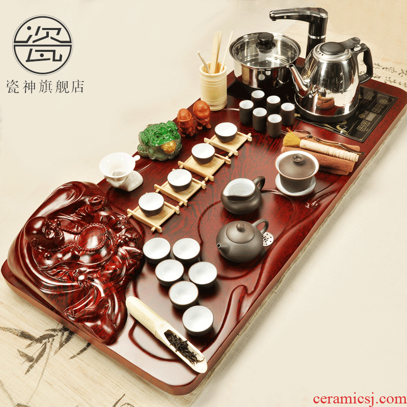 Household porcelain god kung fu tea set with a set of solid wood tea tray was purple sand tea mixture sea electric magnetic furnace tea table