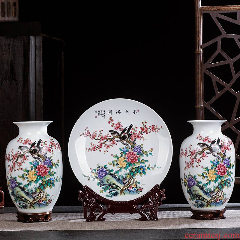 Jingdezhen ceramics three - piece vase sitting room adornment hang dish gift flower arrangement of Chinese style household wine furnishing articles