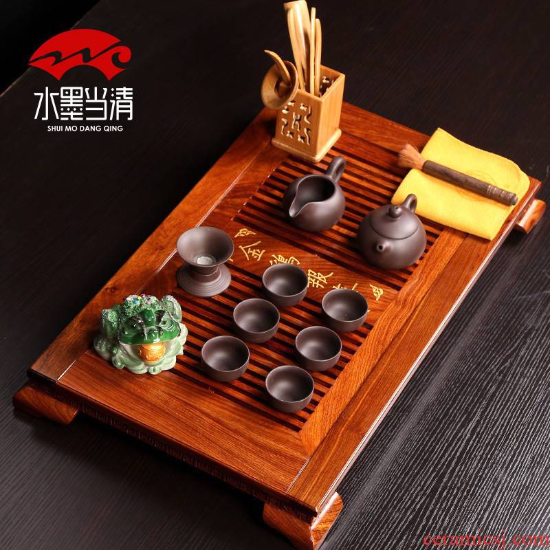 Small kung fu tea set pack of a complete set of household mini move block tea tray is solid wooden simple ceramic tea six people
