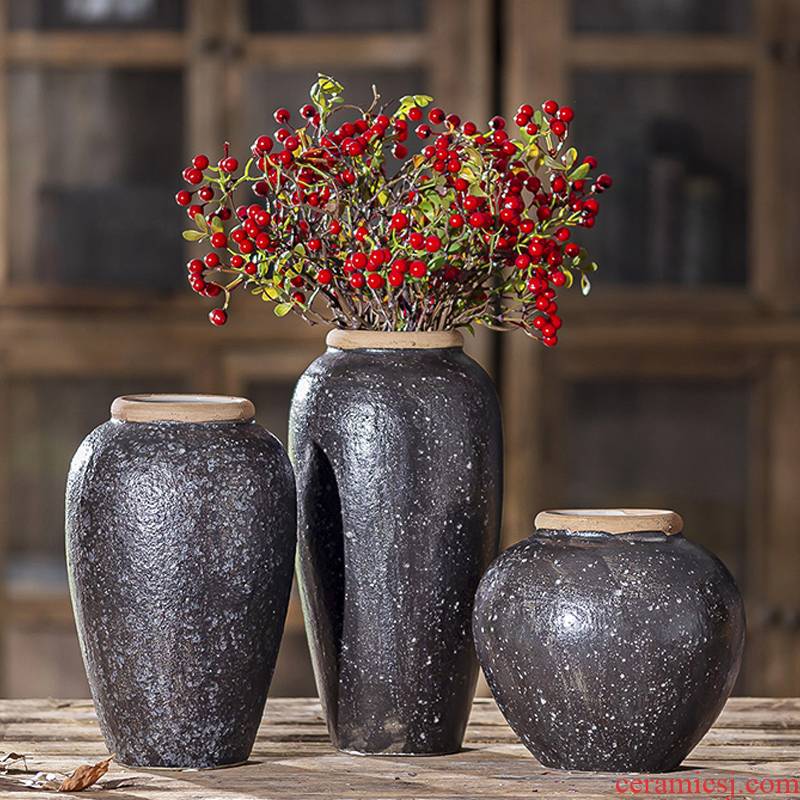 Black ceramic vase flower arranging flowers water raise the table sitting room adornment creative clay coarse pottery China restoring ancient ways