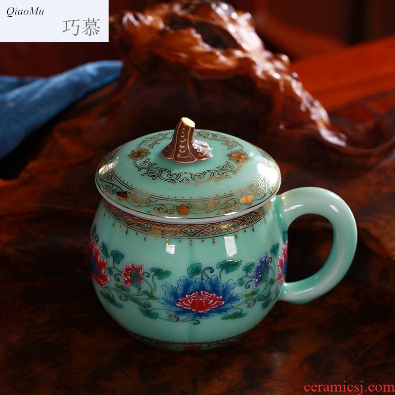 Qiao mu gold coloured drawing or pattern longquan celadon teacup ceramic cup with cover pumpkin creative office cup with cover cups
