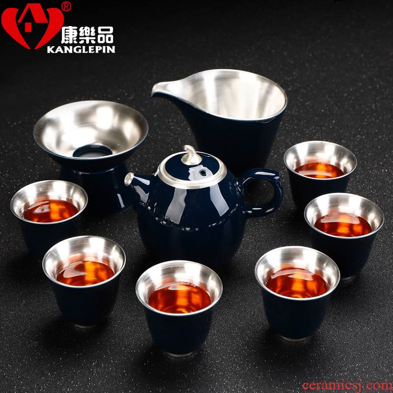 Recreational product jingdezhen 999 sterling silver tea set high round the teapot teacup ceramic Japanese household tea sets gift box