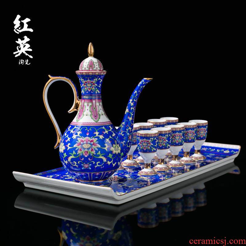 Jingdezhen colored enamel paint with tray was drag wine wine suit household of Chinese style antique wine pot liquor cup of wine