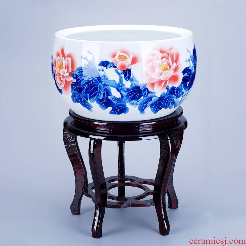 Various high porcelain vases, wooden base place flowerpot bonsai flower in the fish tank base