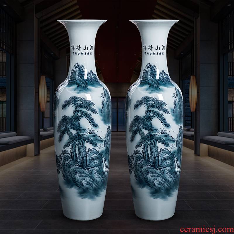Extra large floor vase of blue and white porcelain of jingdezhen ceramics new sitting room hotel decoration of Chinese style household furnishing articles