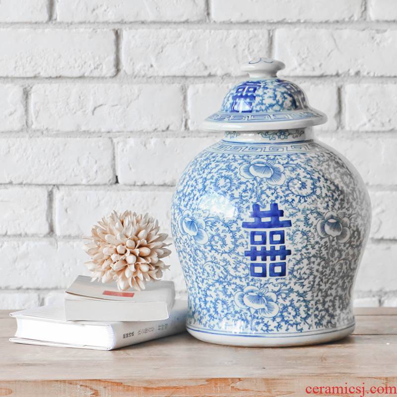 Blue and white tie up lotus flower day happy character word altar archaize do old ceramic storage tank with cover Chinese style household adornment furnishing articles