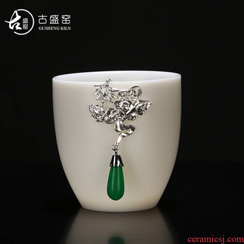 Ancient sheng up new lotus jade porcelain white porcelain inlay silver kaolin jade inlay sample tea cup master cup single CPU