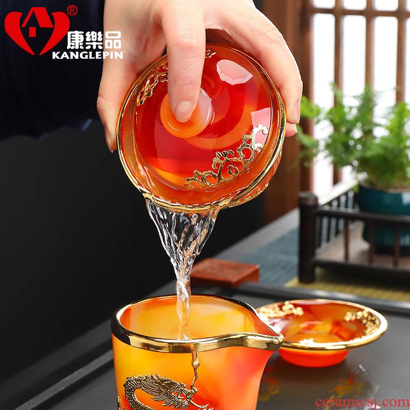 Recreational product agate an inset jades three to bowl and thicken the hot stone coloured glaze porcelain tureen rock tea pu - erh tea kungfu tea set