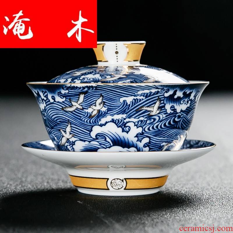 Submerged wood jingdezhen blue and white porcelain tea tureen large for ceramic kung fu tea set three to toast bowl bowl is not hot