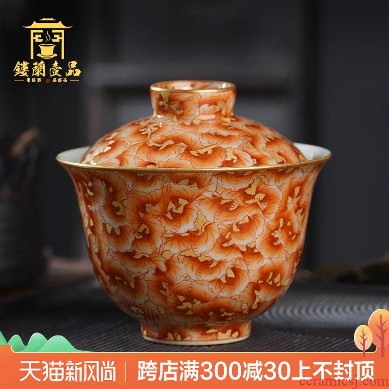 Jingdezhen ceramic hand - made alum red paint wanfu yanan no riding all three just tureen tea bowl household use