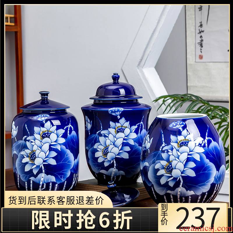 Jingdezhen ceramics hand - made of blue and white porcelain tea pot seal tank general jar with cover storage can act the role ofing is tasted furnishing articles