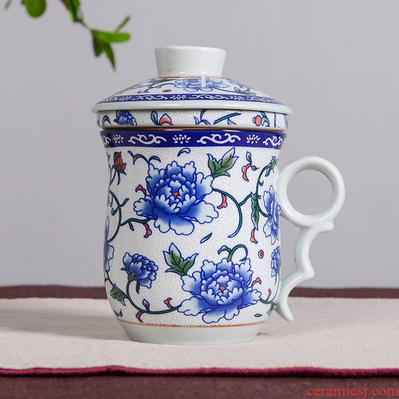 Ceramic tea cup three - piece Ceramic office cup carry the Ceramic filter tank cup large blue and white porcelain cup