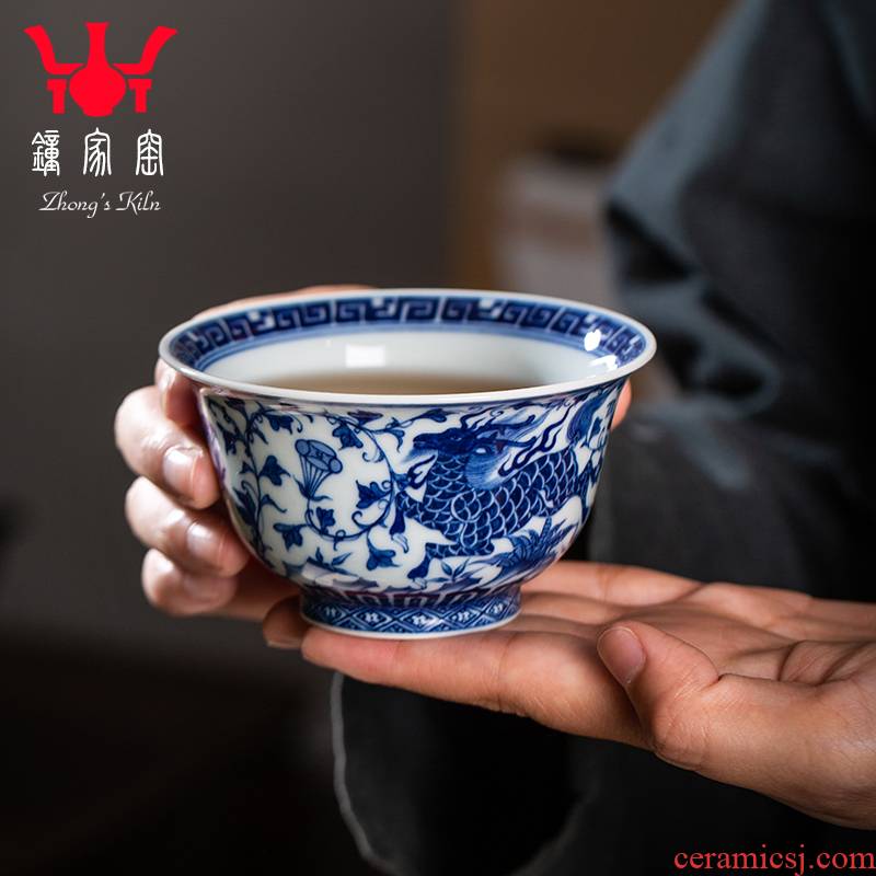 Clock kung fu tea house up with jingdezhen blue and white maintain full manual kirin possessed branch lotus master cup pressure hand cup in delight