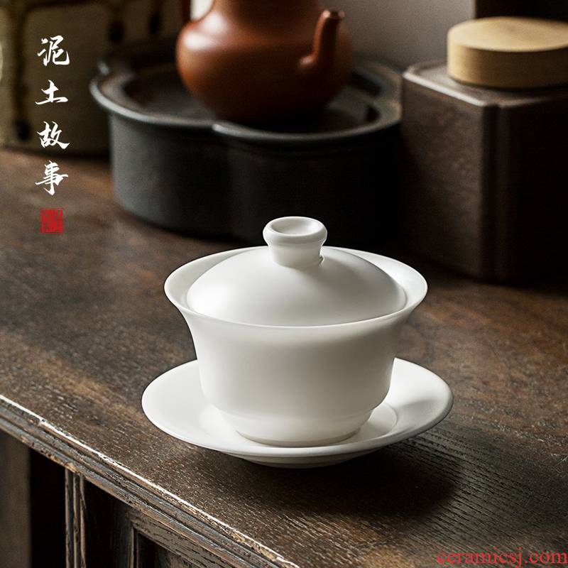 Dehua suet jade biscuit firing porcelain manual tureen tea cups three bowl bowl of kung fu suit household individual
