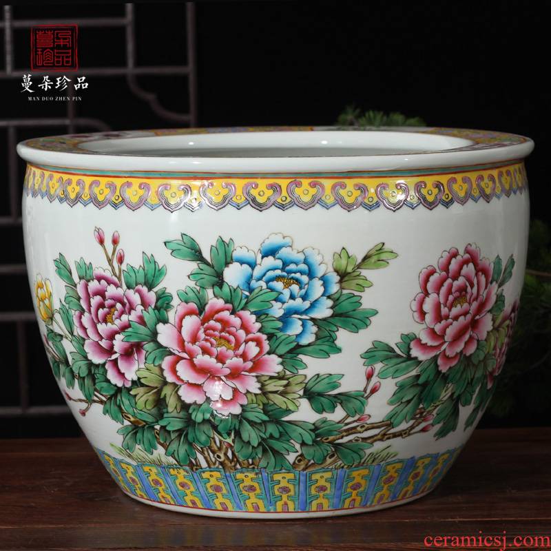 Clear, hand - made pastel peony ceramic VAT tong qu study calligraphy and painting scroll of Chinese style classic furniture products