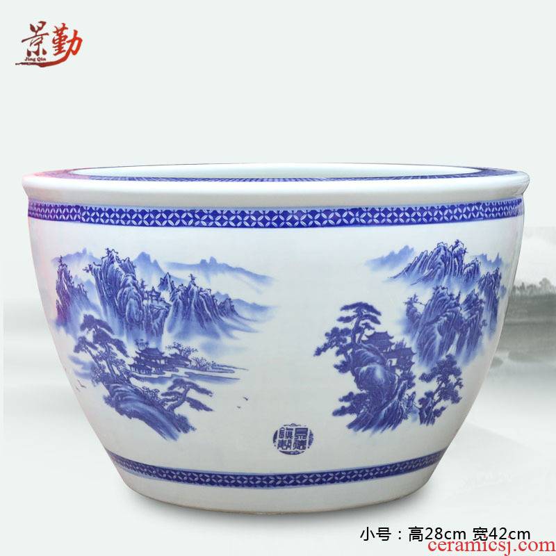 Home furnishing articles of jingdezhen blue and white landscape ceramic aquarium porcelain porcelain jar water lily cylinder in water