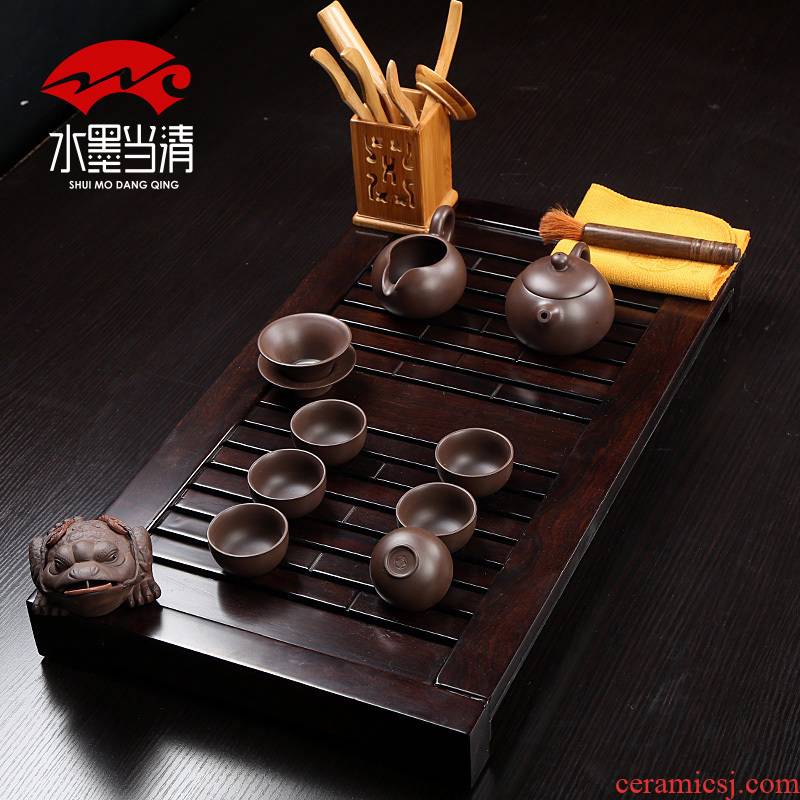 Trumpet ebony wood tea tray drainage ceramic teapot mini cups tea set a complete set of simple Japanese tea taking