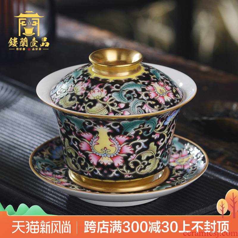 Jingdezhen ceramic all hand colored enamel, black tie up branch lotus three to make tea tureen kung fu tea set large bowl