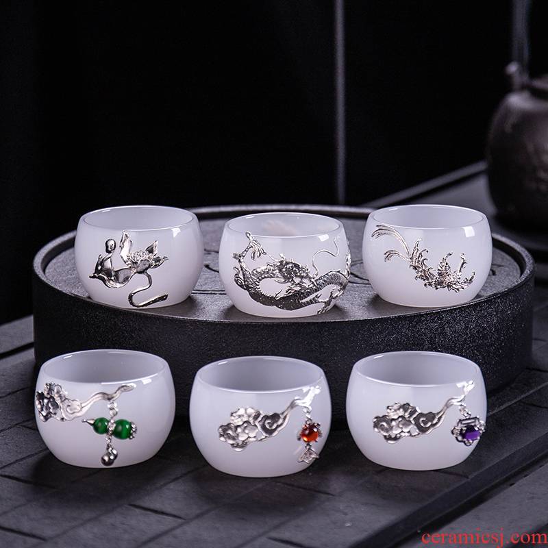 Single white porcelain cup silver inlaid with jade porcelain teacup built one masters cup ceramic kung fu tea cup bowl with a Single set of silver